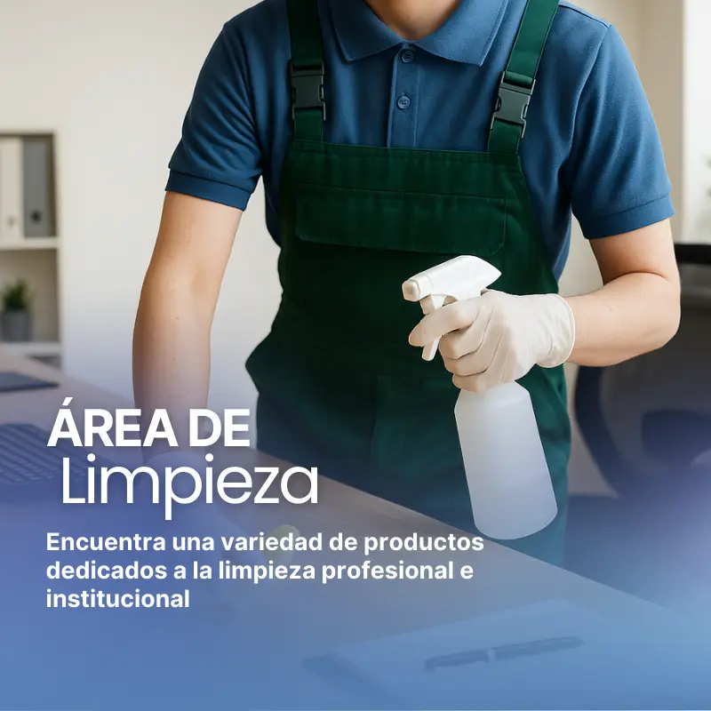 persona limpiando un mesón de oficina con productos del área de limpieza