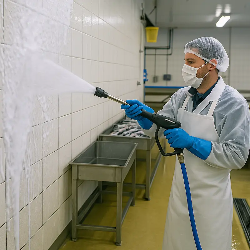 Trabajador de una empresa pesquera limpiando las superficies con los detergentes para la industria alimentaria