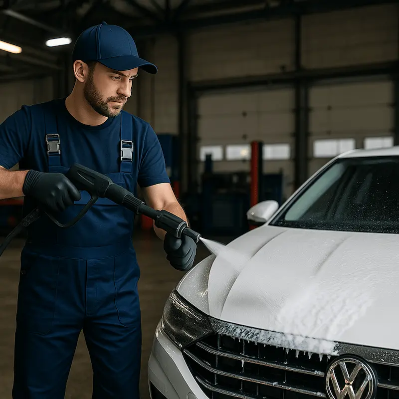 trabajador de un taller mecánico lavando un vehículo con productos para limpieza de autos